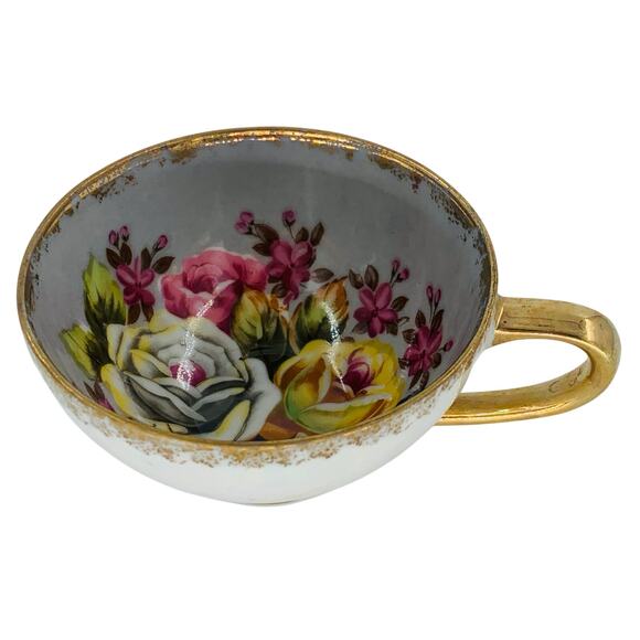 HB China Tea Cup Floral 2191 White Iridescent Gold Trim Gray Lusterware Roses - Picture 1 of 6